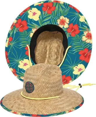 Sombrero tejido de paja para salvavidas, sombrero para el sol con cordón ajustable para la barbilla, tejido Palm Hang Ten Beach Active Outdoor