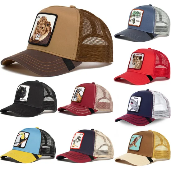 Gorra de béisbol de animales de 5 paneles, protector solar de dibujos animados, malla bordada, camionero, Pantera Negra, gallo, sombrero de lobo